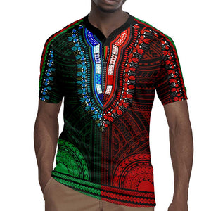 African Dashiki and Polynesian Pattern Rugby Jersey Half Green-Red