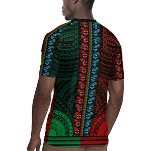 African Dashiki and Polynesian Pattern Rugby Jersey Half Green-Red