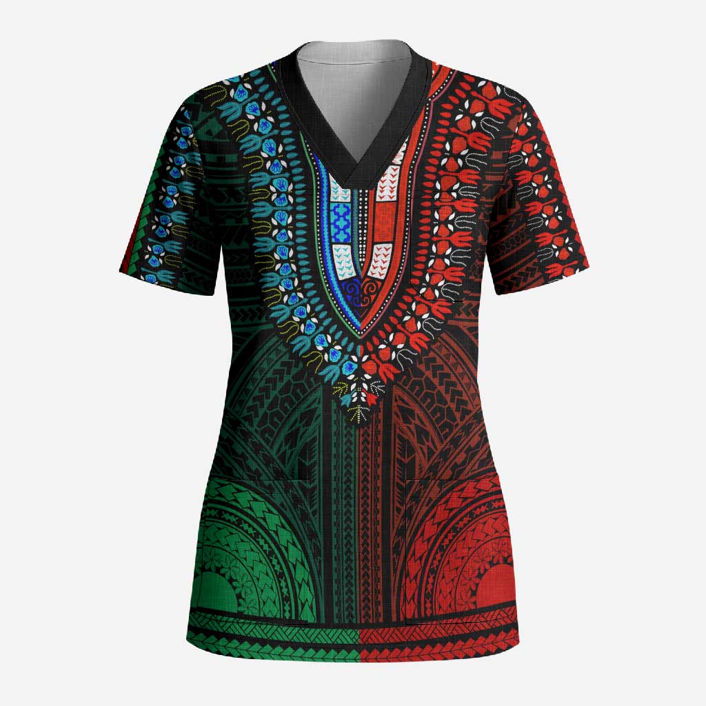 African Dashiki and Polynesian Pattern Scrub Top Half Green-Red