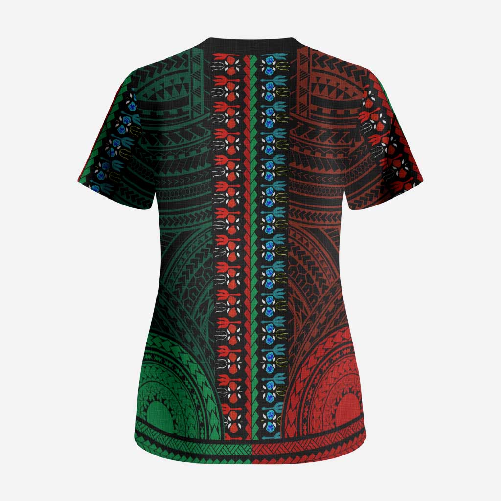 African Dashiki and Polynesian Pattern Scrub Top Half Green-Red
