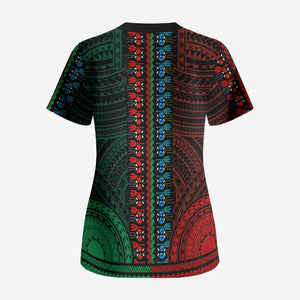 African Dashiki and Polynesian Pattern Scrub Top Half Green-Red