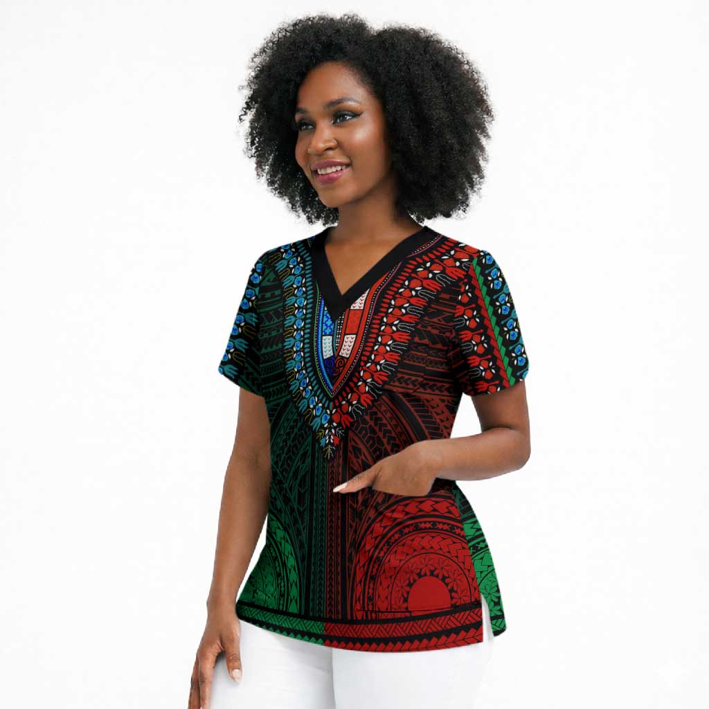 African Dashiki and Polynesian Pattern Scrub Top Half Green-Red