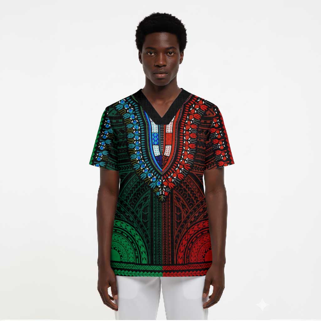 African Dashiki and Polynesian Pattern Scrub Top Half Green-Red