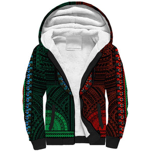 African Dashiki and Polynesian Pattern Sherpa Hoodie Half Green-Red