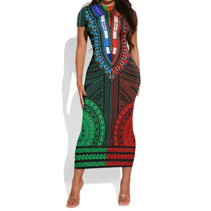 African Dashiki and Polynesian Pattern Short Sleeve Bodycon Dress Half Green-Red