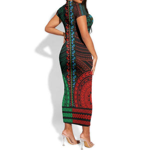 African Dashiki and Polynesian Pattern Short Sleeve Bodycon Dress Half Green-Red