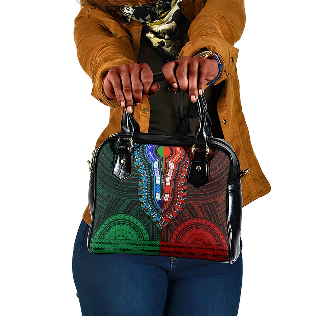 African Dashiki and Polynesian Pattern Shoulder Handbag Half Green-Red