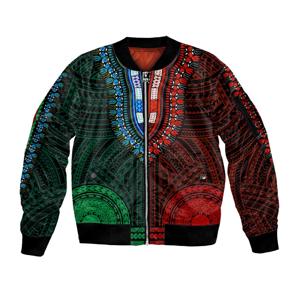 African Dashiki and Polynesian Pattern Sleeve Zip Bomber Jacket Half Green-Red