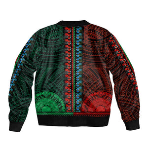 African Dashiki and Polynesian Pattern Sleeve Zip Bomber Jacket Half Green-Red