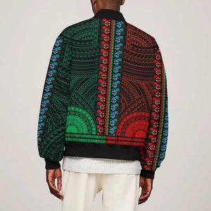 African Dashiki and Polynesian Pattern Sleeve Zip Bomber Jacket Half Green-Red