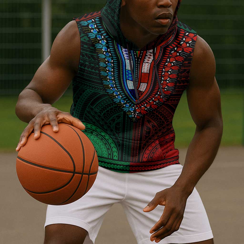African Dashiki and Polynesian Pattern Sleeveless Hoodie Half Green-Red - African Pride