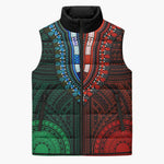 African Dashiki and Polynesian Pattern Sleeveless Puffer Jacket Half Green-Red