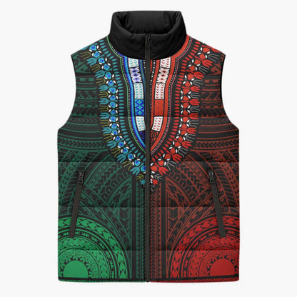 African Dashiki and Polynesian Pattern Sleeveless Puffer Jacket Half Green-Red