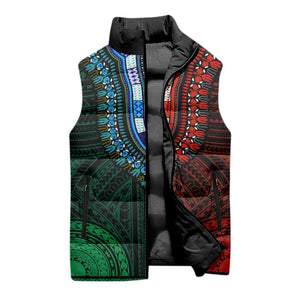 African Dashiki and Polynesian Pattern Sleeveless Puffer Jacket Half Green-Red