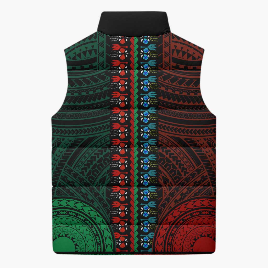 African Dashiki and Polynesian Pattern Sleeveless Puffer Jacket Half Green-Red
