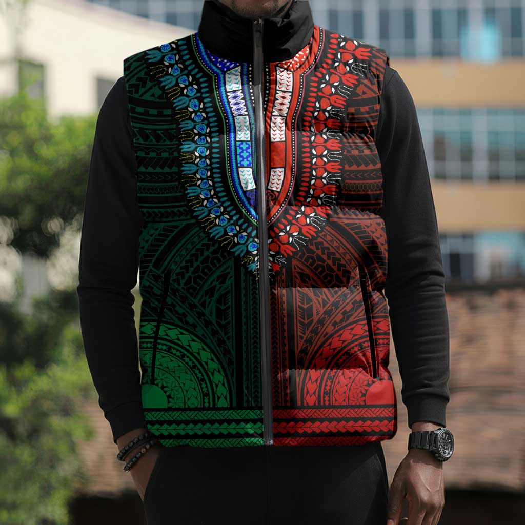 African Dashiki and Polynesian Pattern Sleeveless Puffer Jacket Half Green-Red