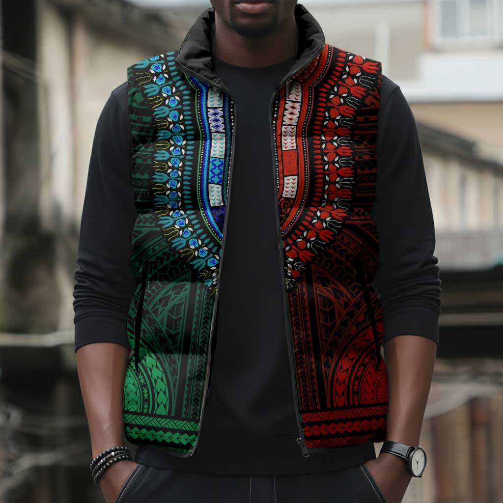 African Dashiki and Polynesian Pattern Sleeveless Puffer Jacket Half Green-Red