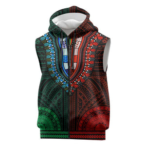 African Dashiki and Polynesian Pattern Sleeveless Zip Hoodie Half Green-Red - African Pride
