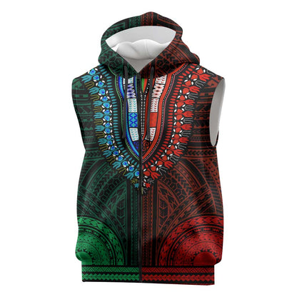 African Dashiki and Polynesian Pattern Sleeveless Zip Hoodie Half Green-Red - African Pride