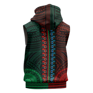 African Dashiki and Polynesian Pattern Sleeveless Zip Hoodie Half Green-Red - African Pride