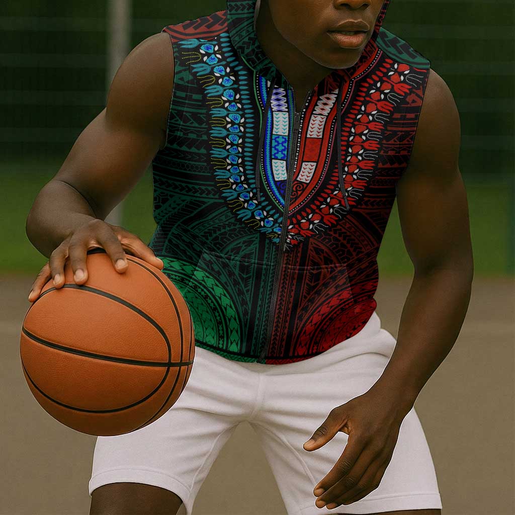 African Dashiki and Polynesian Pattern Sleeveless Zip Hoodie Half Green-Red - African Pride