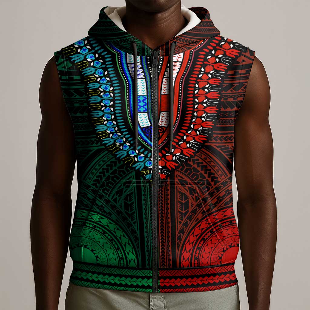 African Dashiki and Polynesian Pattern Sleeveless Zip Hoodie Half Green-Red - African Pride