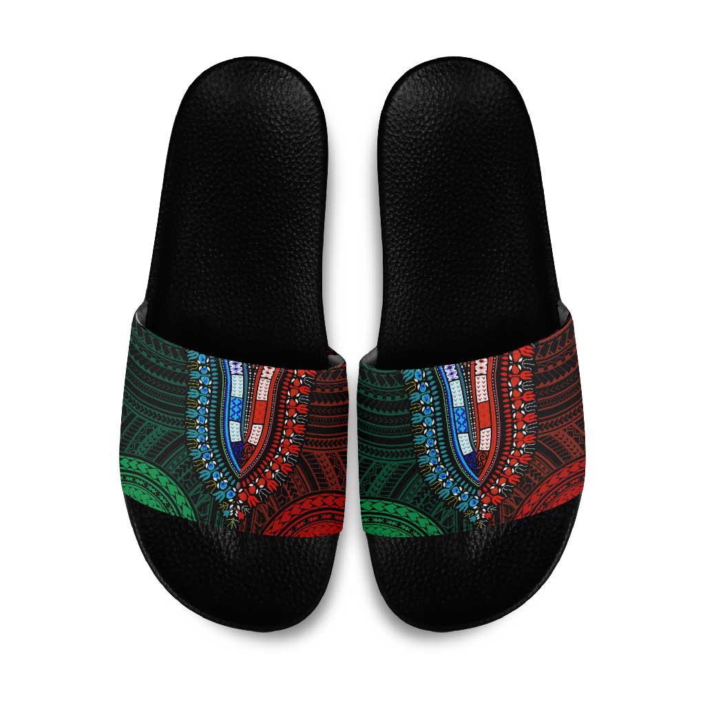 African Dashiki and Polynesian Pattern Slide Sandals Half Green-Red