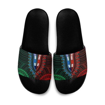 African Dashiki and Polynesian Pattern Slide Sandals Half Green-Red
