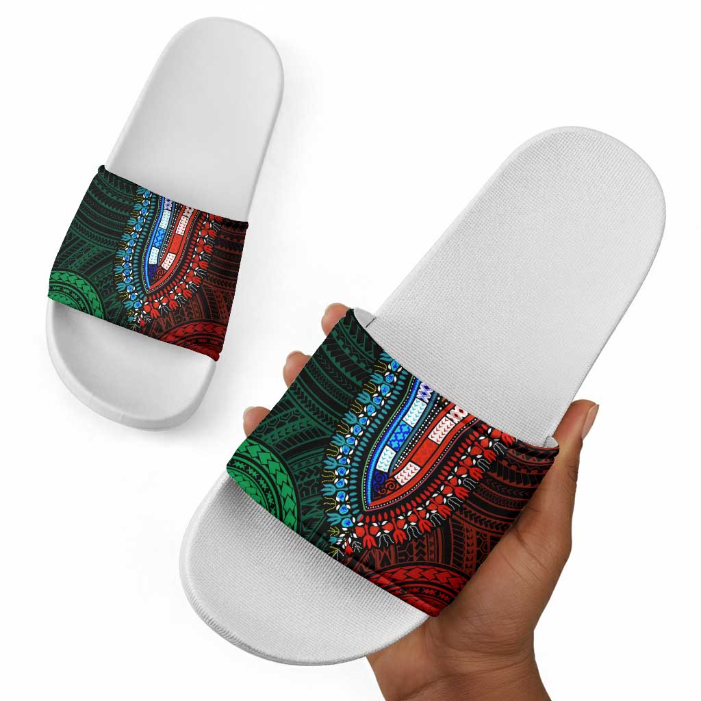 African Dashiki and Polynesian Pattern Slide Sandals Half Green-Red