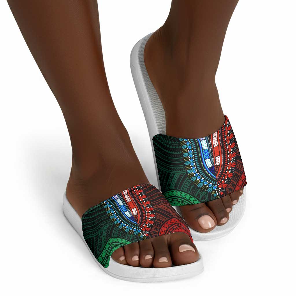 African Dashiki and Polynesian Pattern Slide Sandals Half Green-Red