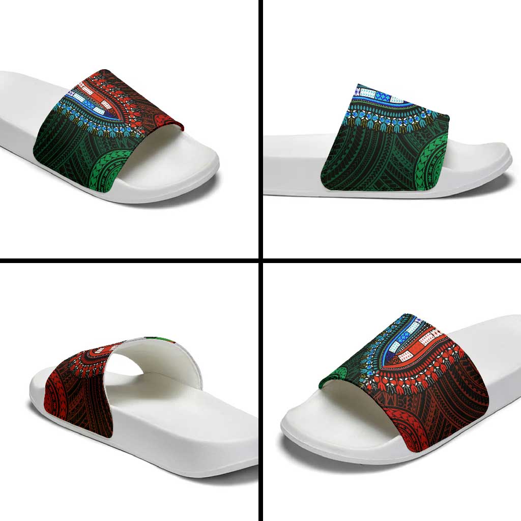African Dashiki and Polynesian Pattern Slide Sandals Half Green-Red