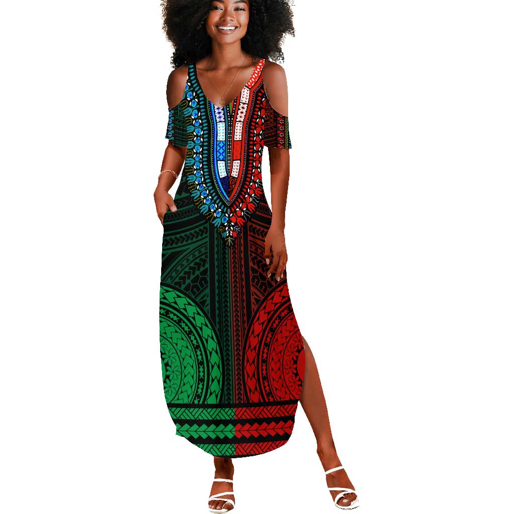 African Dashiki and Polynesian Pattern Summer Maxi Dress Half Green-Red