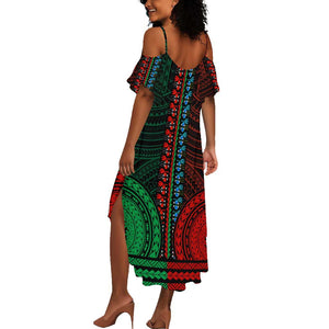 African Dashiki and Polynesian Pattern Summer Maxi Dress Half Green-Red