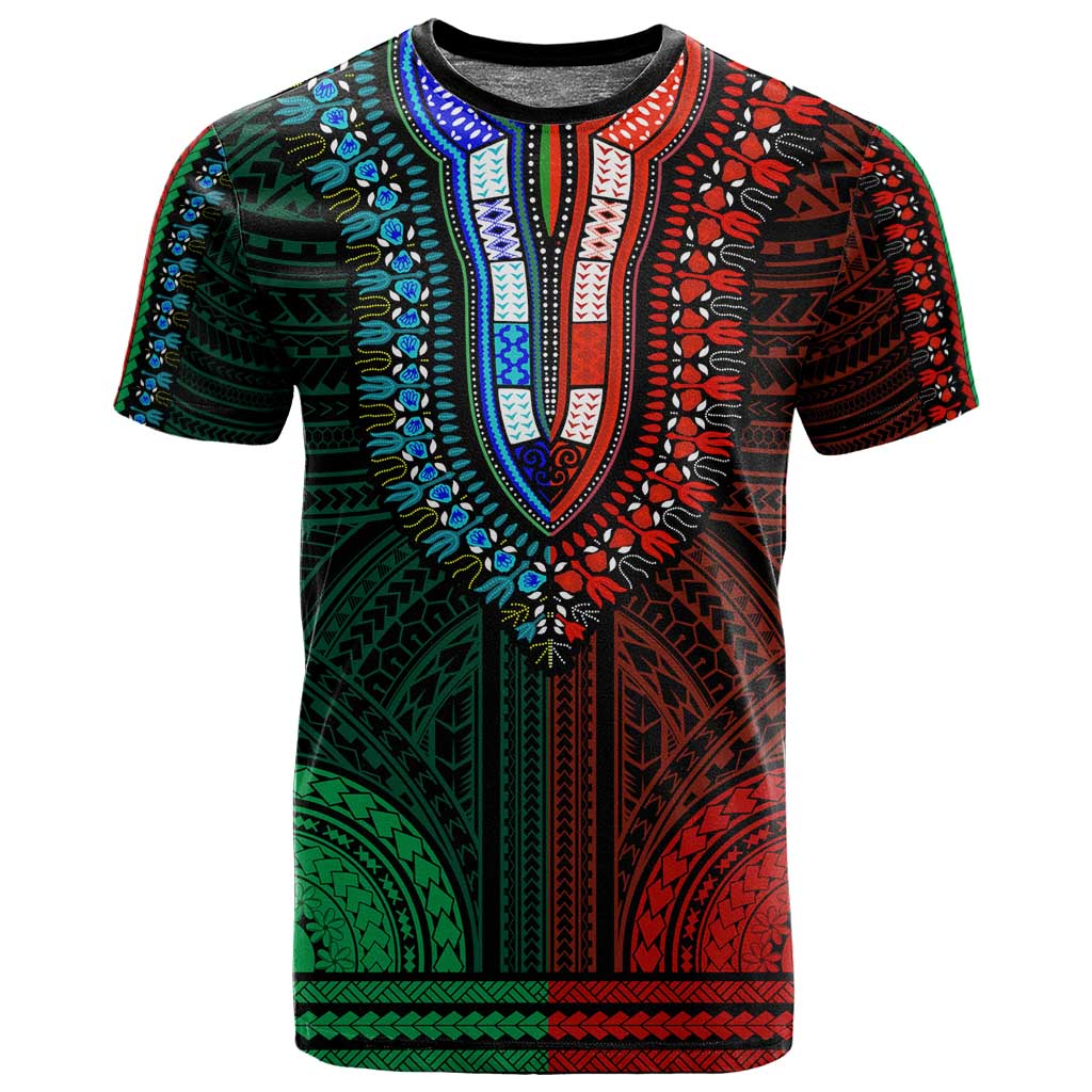 African Dashiki and Polynesian Pattern T shirt Half Green-Red