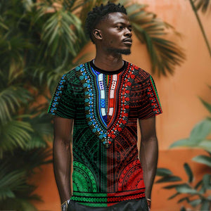 African Dashiki and Polynesian Pattern T shirt Half Green-Red