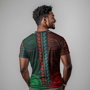 African Dashiki and Polynesian Pattern T shirt Half Green-Red