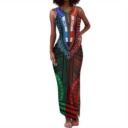 African Dashiki and Polynesian Pattern Tank Maxi Dress Half Green-Red