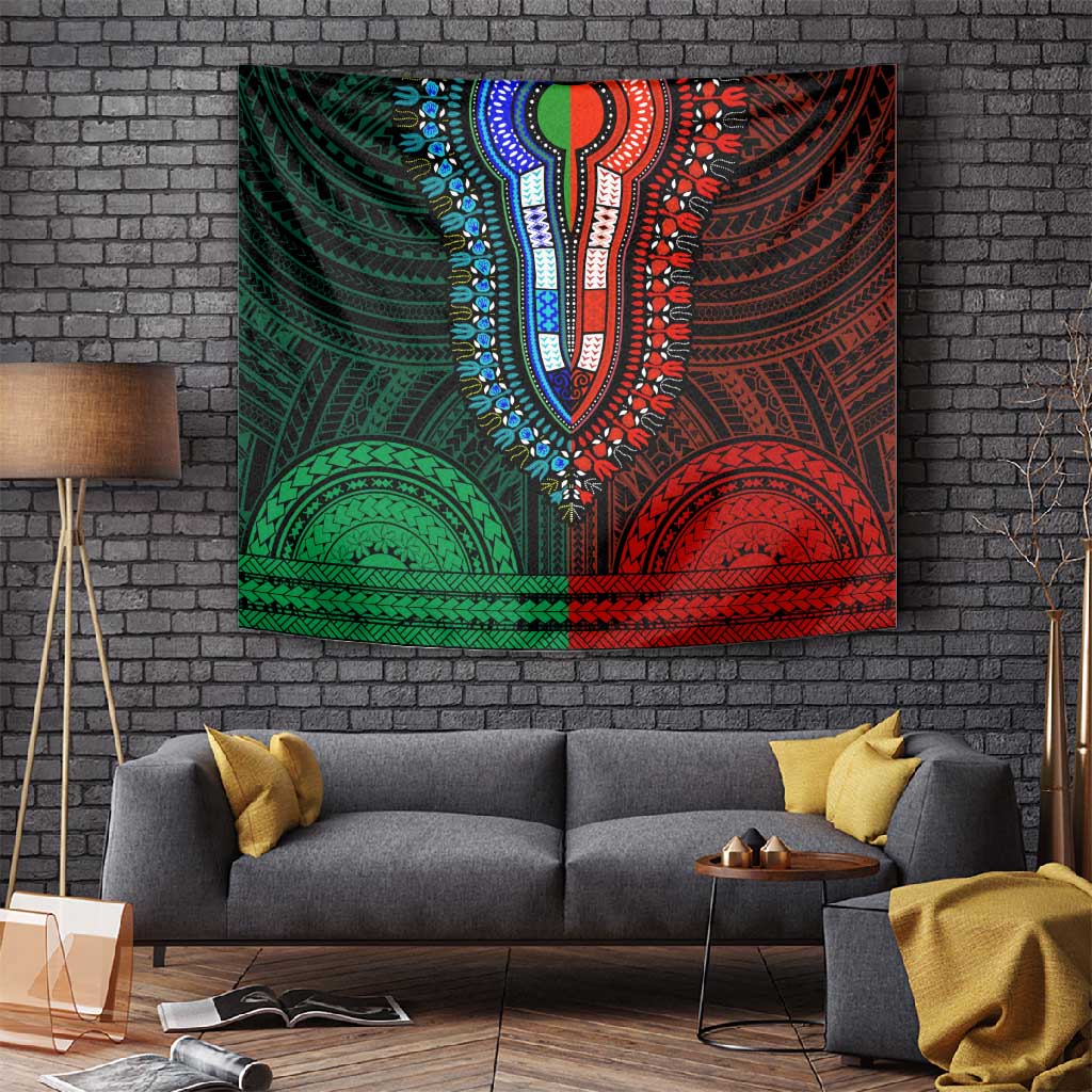 African Dashiki and Polynesian Pattern Tapestry Half Green-Red
