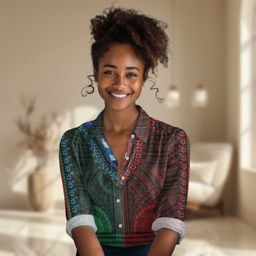 African Dashiki and Polynesian Pattern Women Casual Shirt Half Green-Red