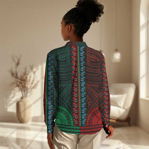 African Dashiki and Polynesian Pattern Women Casual Shirt Half Green-Red