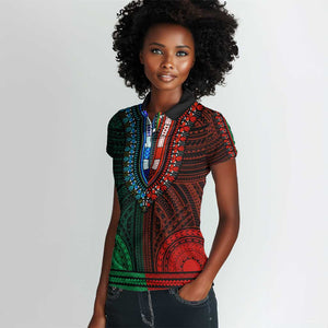 African Dashiki and Polynesian Pattern Women Polo Shirt Half Green-Red