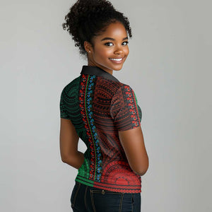 African Dashiki and Polynesian Pattern Women Polo Shirt Half Green-Red