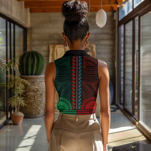 African Dashiki and Polynesian Pattern Women Sleeveless Polo Shirt Half Green-Red