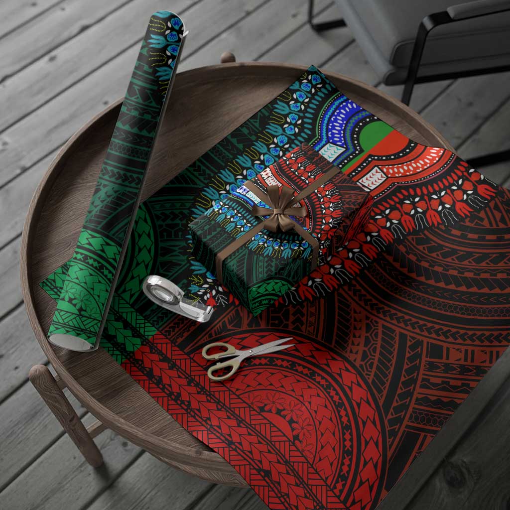 African Dashiki and Polynesian Pattern Wrapping Paper Half Green-Red - African Pride