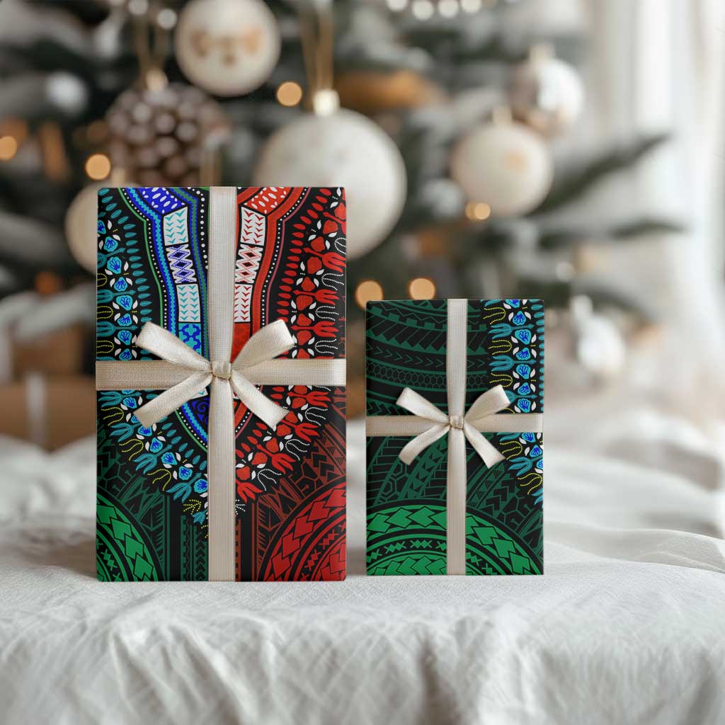 African Dashiki and Polynesian Pattern Wrapping Paper Half Green-Red - African Pride