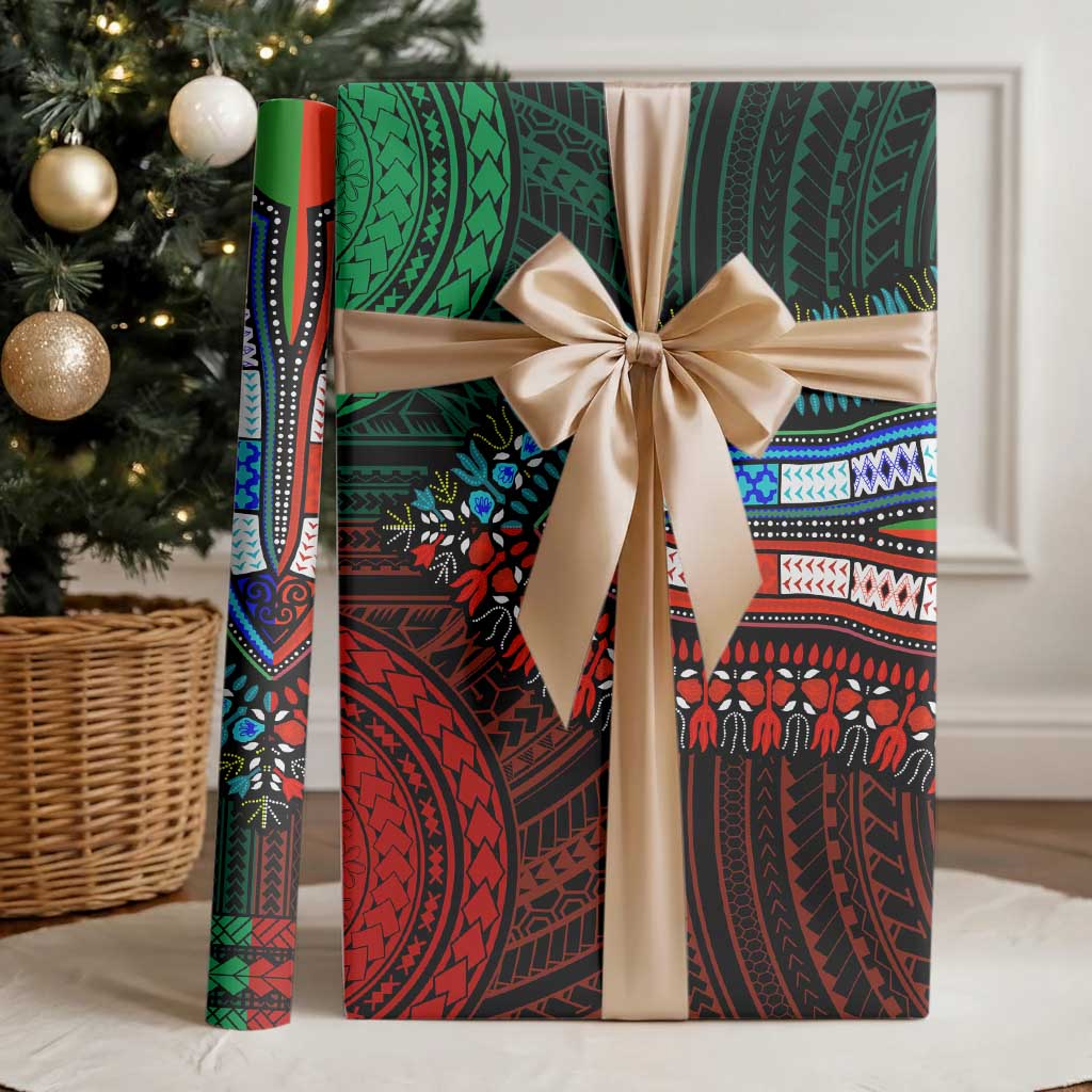 African Dashiki and Polynesian Pattern Wrapping Paper Half Green-Red - African Pride