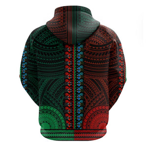 African Dashiki and Polynesian Pattern Zip Hoodie Half Green-Red