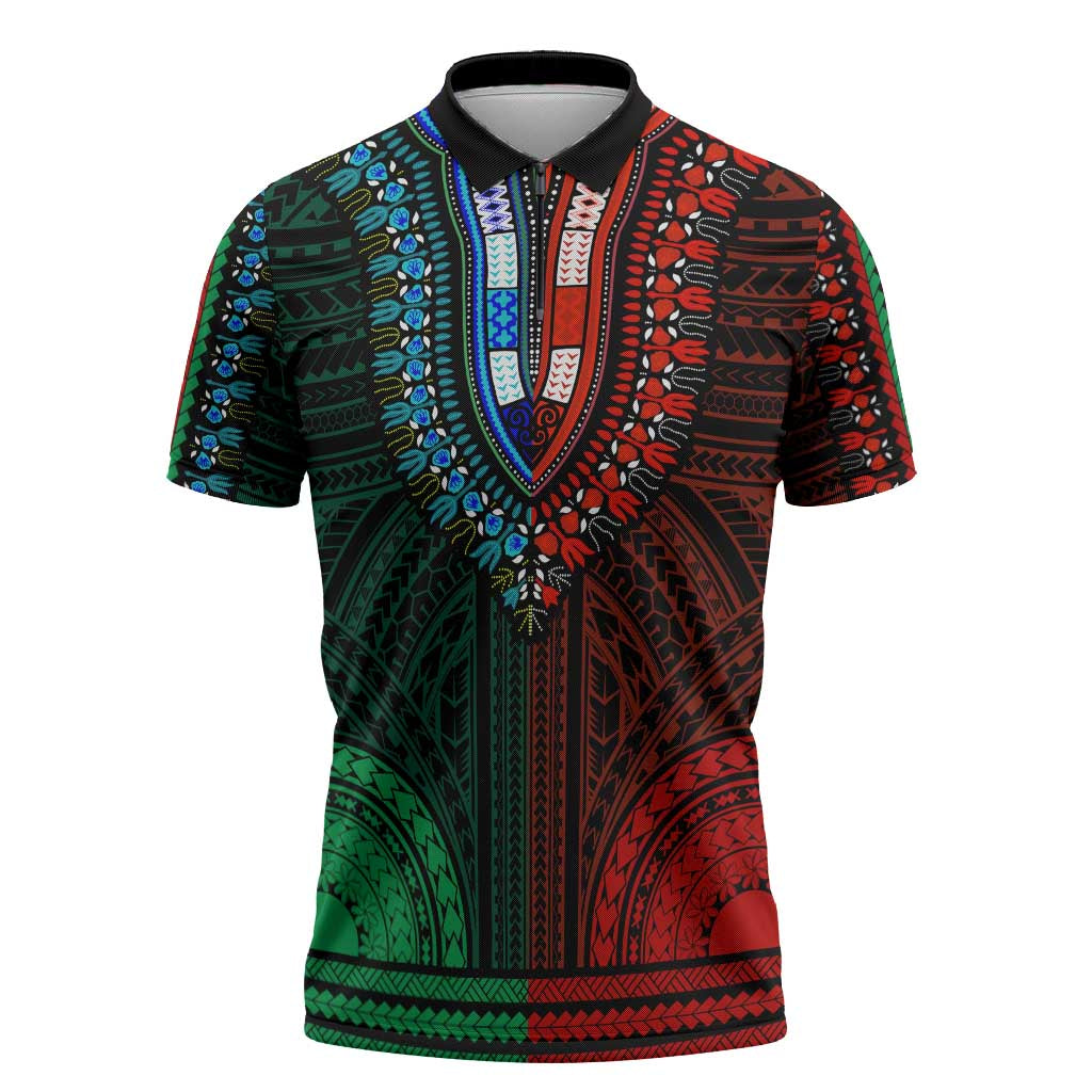 African Dashiki and Polynesian Pattern Zipper Polo Shirt Half Green-Red
