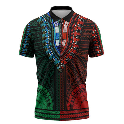 African Dashiki and Polynesian Pattern Zipper Polo Shirt Half Green-Red