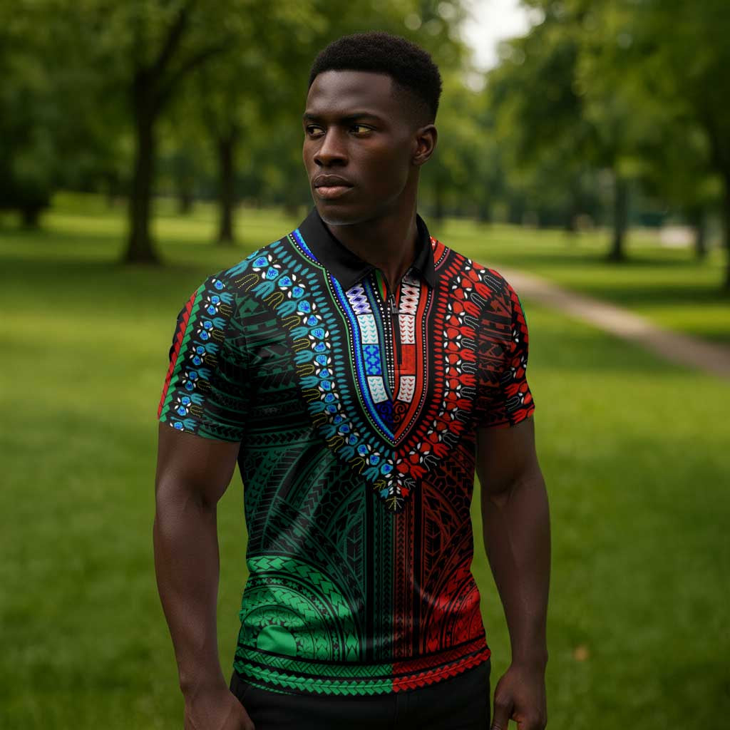 African Dashiki and Polynesian Pattern Zipper Polo Shirt Half Green-Red